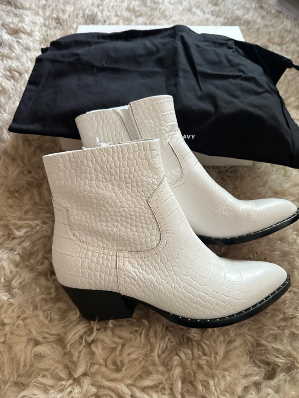 Something Navy White Croc-Embossed Ankle Booties